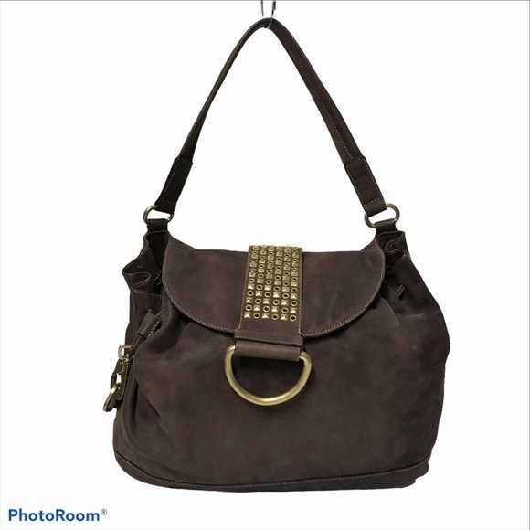 KENNETH COLE Shoulder Brown Suede Leather Brass Hardware & Studs 10 X 12 - Picture 1 of 15